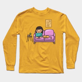 Cute Girl Working On Laptop With Cat Cartoon Long Sleeve T-Shirt